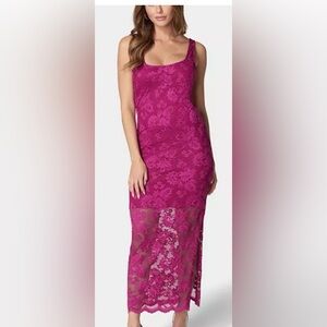 New Bebe Fuchsia Pink Lace "Marseille" Dress BodyCon Floral Long Sheer Small